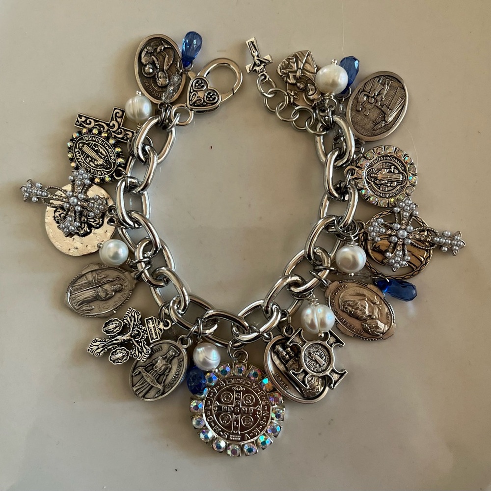 SOLD Charm Bracelet: St Benedict, Lenten Saints, Crosses, Freshwater Pearls - Picture 10 of 12